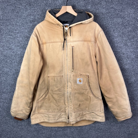 Carhartt CS8 BRN Mens Hooded Workwear Active Jacket Canvas Full Zip Beige M - Picture 1 of 11